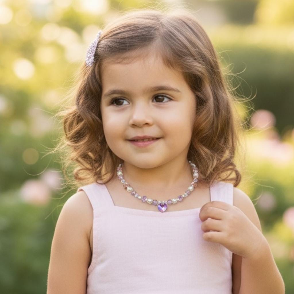 Young girl with a pink dress and necklace standing outdoors with a blurred green background