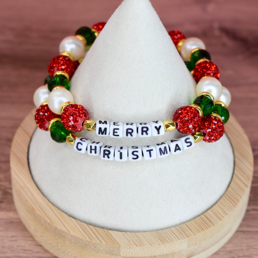 Merry Christmas Letter Bead Bracelet Stack - 2 Piece Set