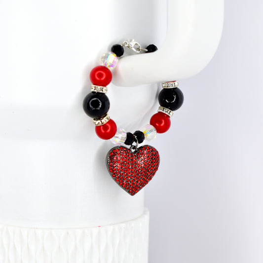Red and Black Tumbler Handle Bracelet with Red Rhinestone Heart Charm