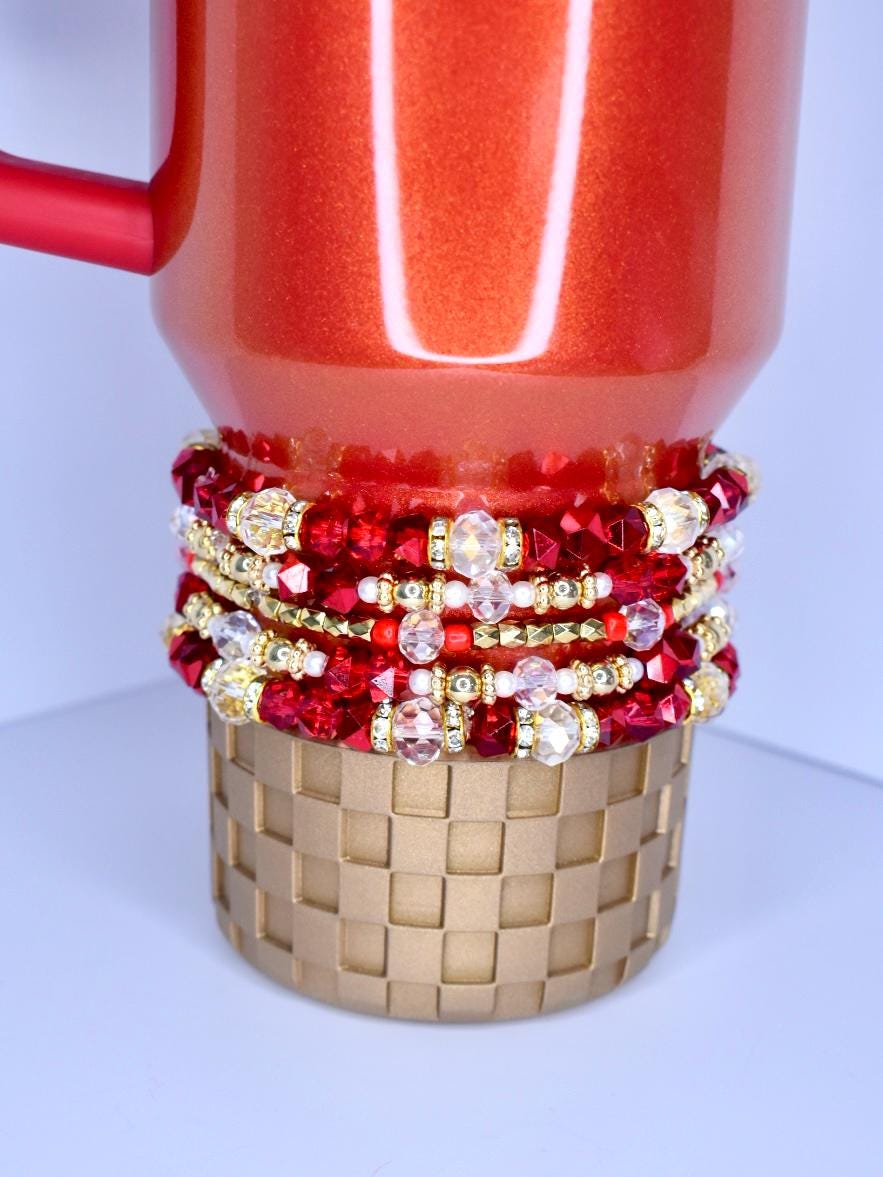 Red Rose Bracelet Stack with Beauty and the Beast Rose Charm