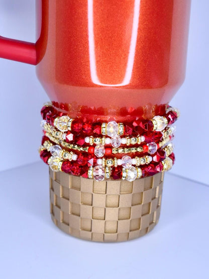 Red Rose Bracelet Stack with Beauty and the Beast Rose Charm