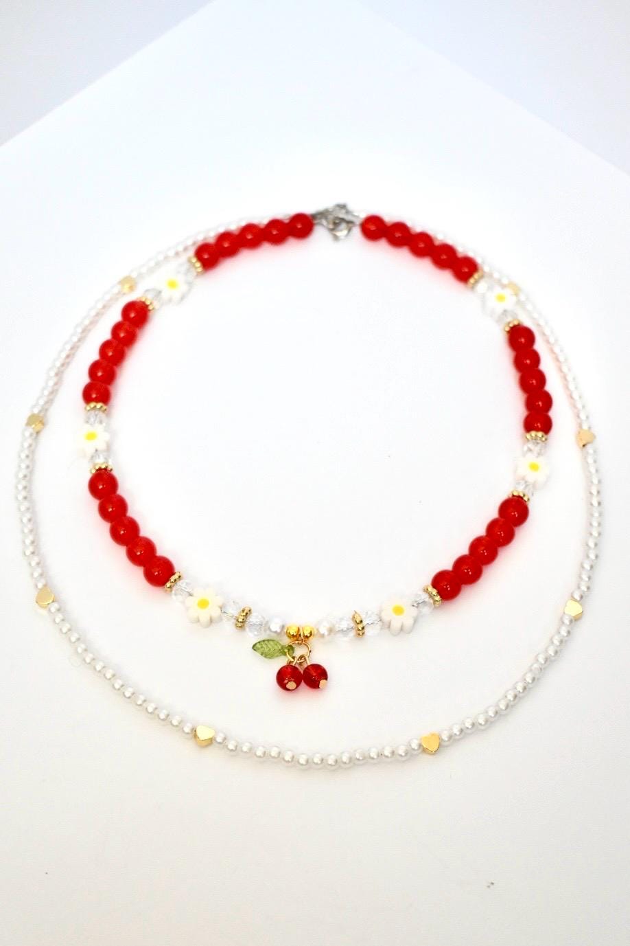 Layered Necklace Set: Cherry Charm, Daisy & Pearl Y2K Jewelry