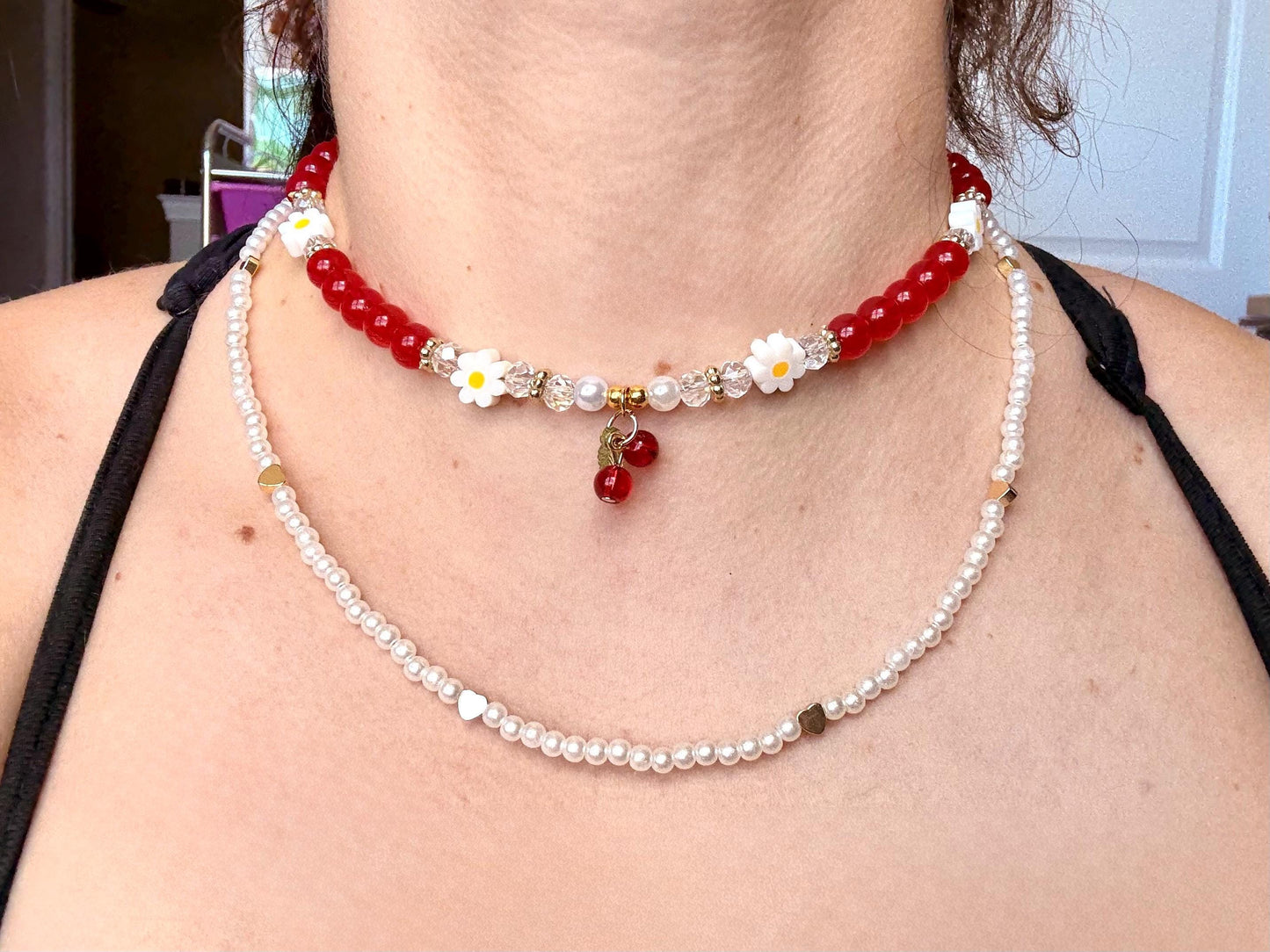 Layered Necklace Set: Cherry Charm, Daisy & Pearl Y2K Jewelry