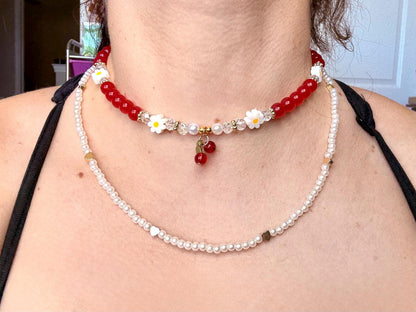 Layered Necklace Set: Cherry Charm, Daisy & Pearl Y2K Jewelry