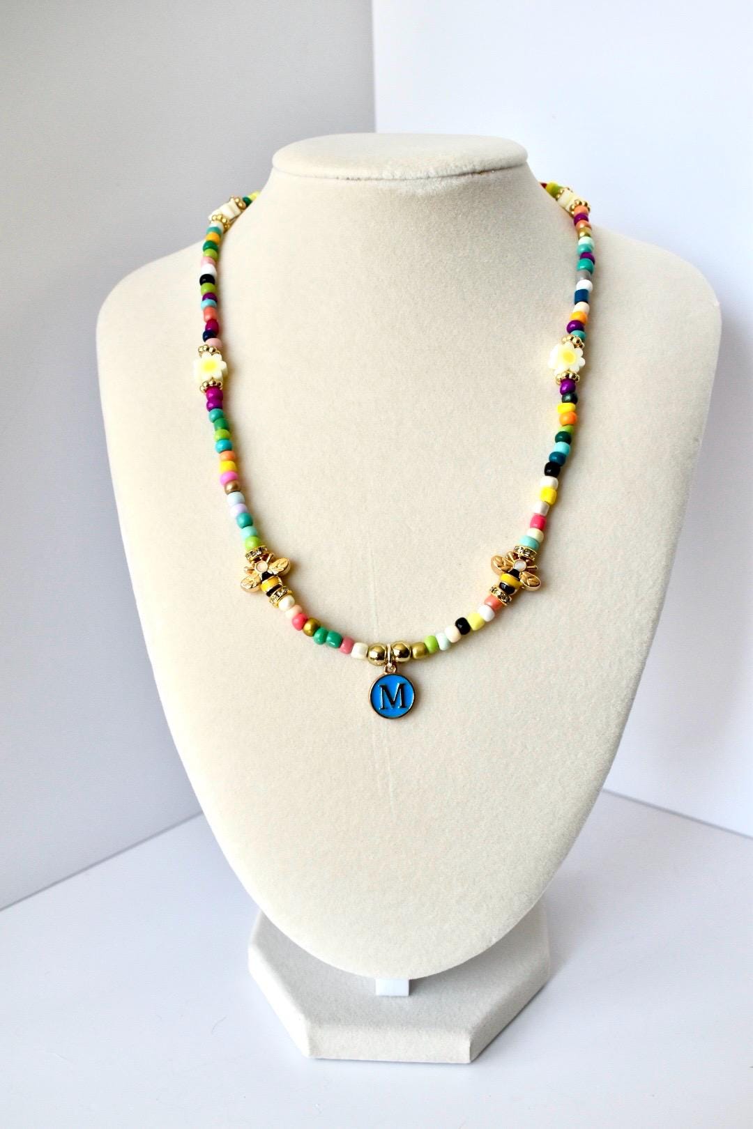 Rainbow Seed Bead Necklace: Custom Initial Charm, Bumblebee Accent
