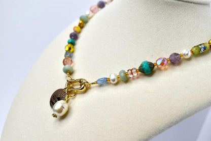 Colorful Beaded Necklace with You Are My Sunshine Charm & Pearl Charm