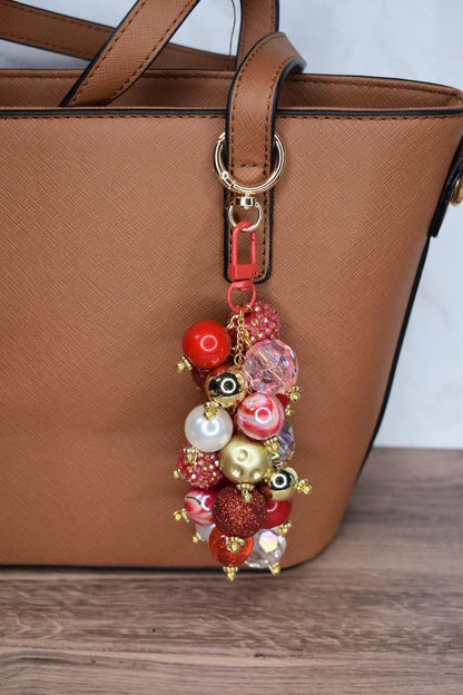 Red and Gold Glam Beaded Bag Charm - Bag Keychain