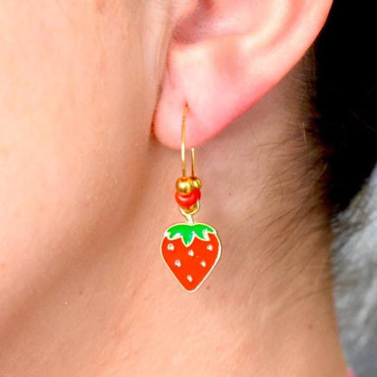 Strawberry Charm Hoop Earrings: Red Enamel Dangle, Gold Hoops
