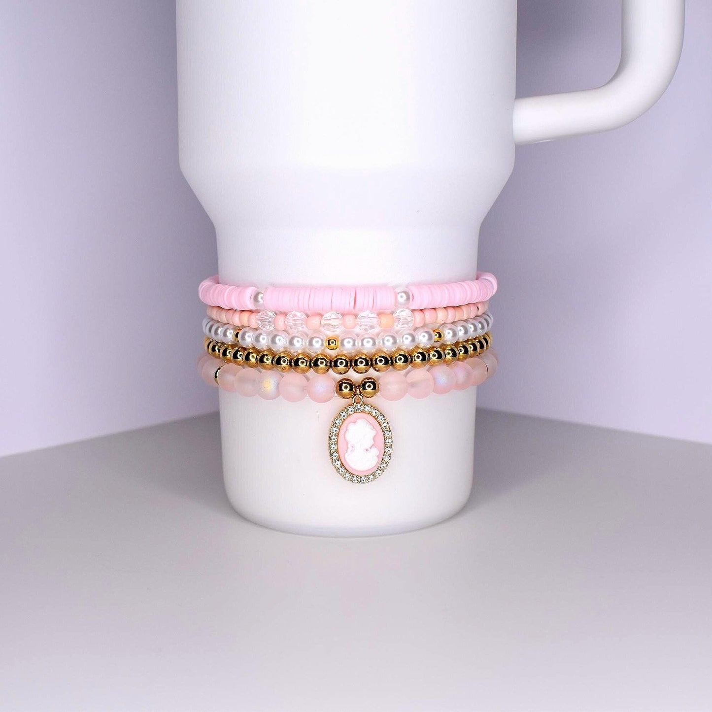 Pink Cameo Charm Bracelet Stack, Set of 5