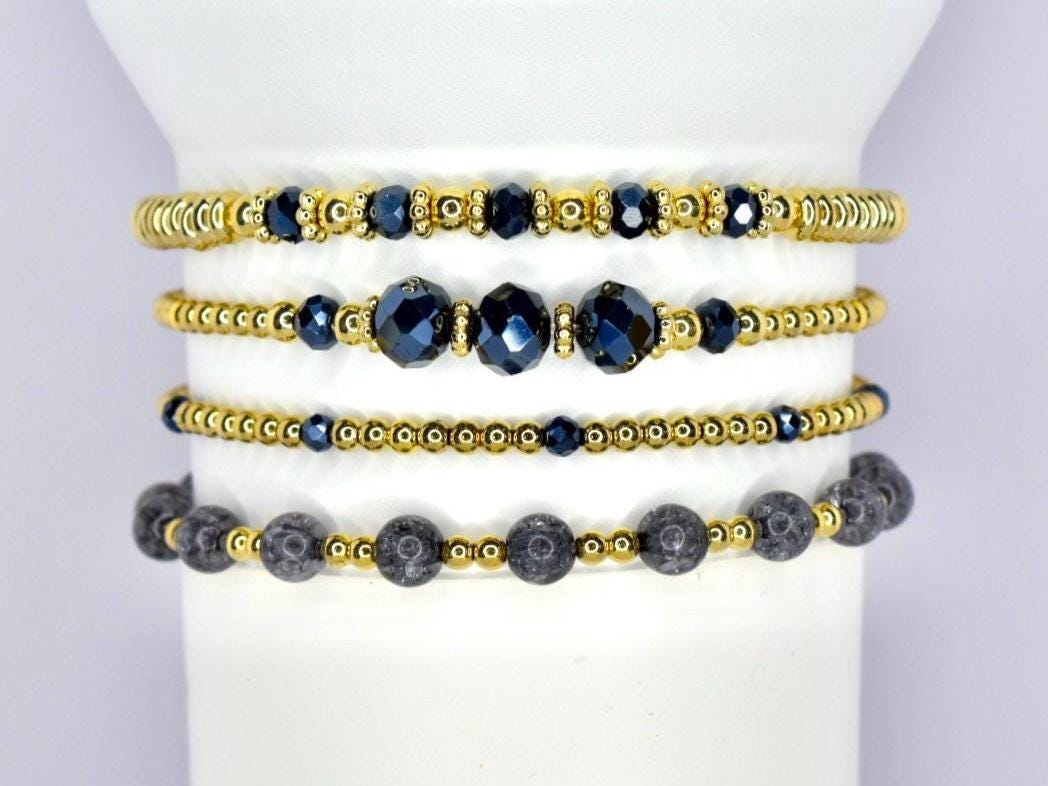 Black Crystal and Gold Bead Bracelet Stack - 4 Piece Set