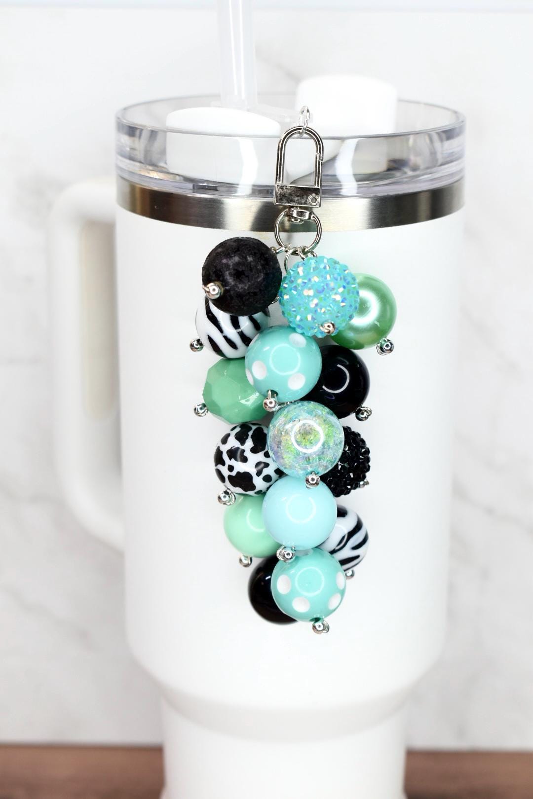 Mint and Black Beaded Tumbler Straw Charm