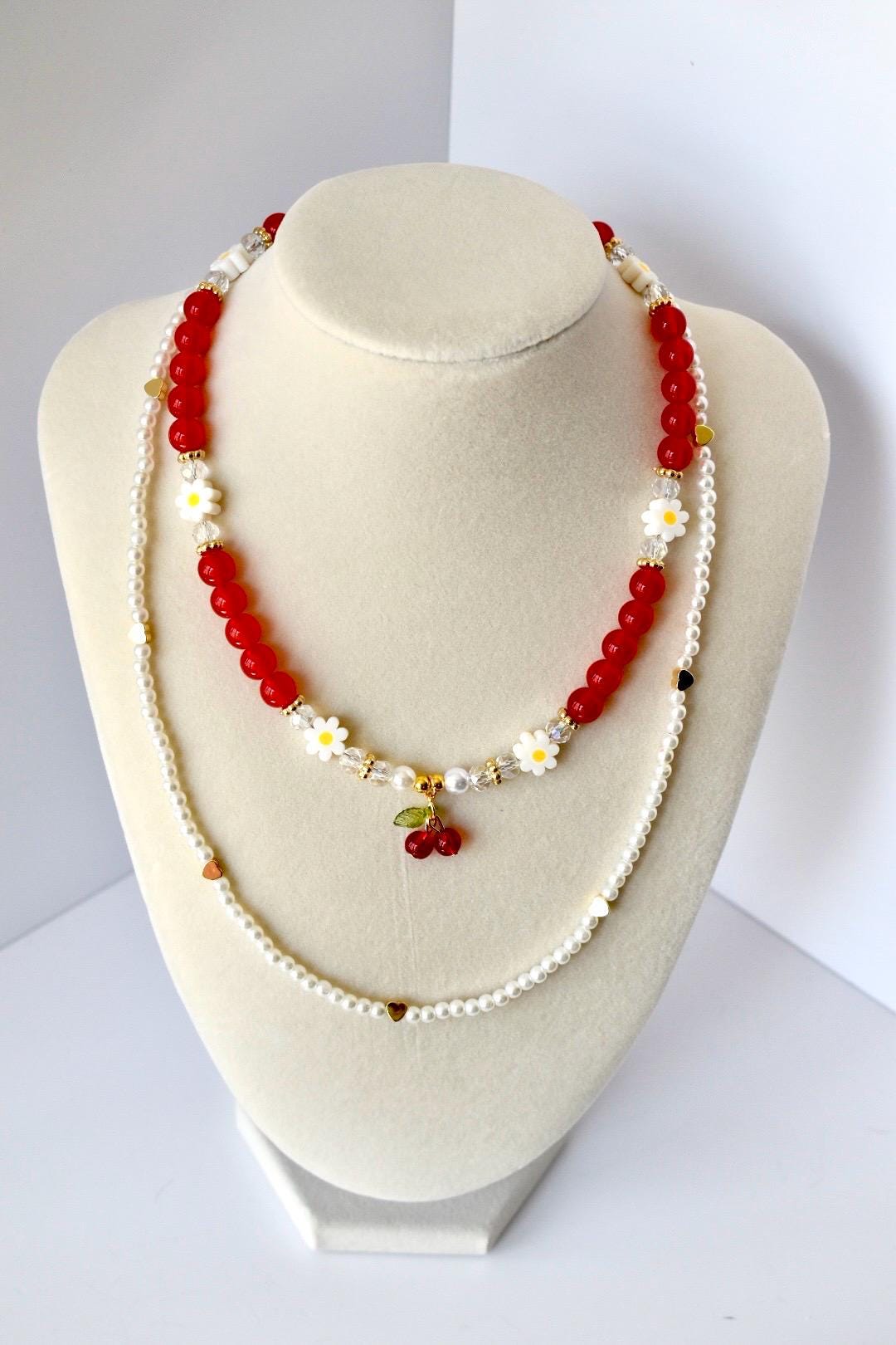 Layered Necklace Set: Cherry Charm, Daisy & Pearl Y2K Jewelry