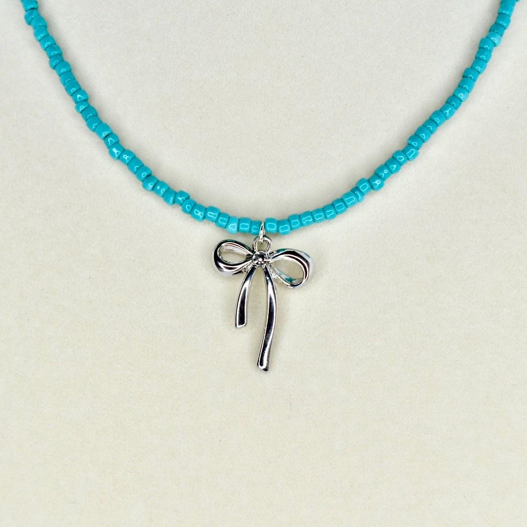 Bow Charm Necklace – Pink or Teal Beaded Choker