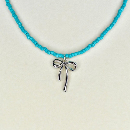 Bow Charm Necklace – Pink or Teal Beaded Choker