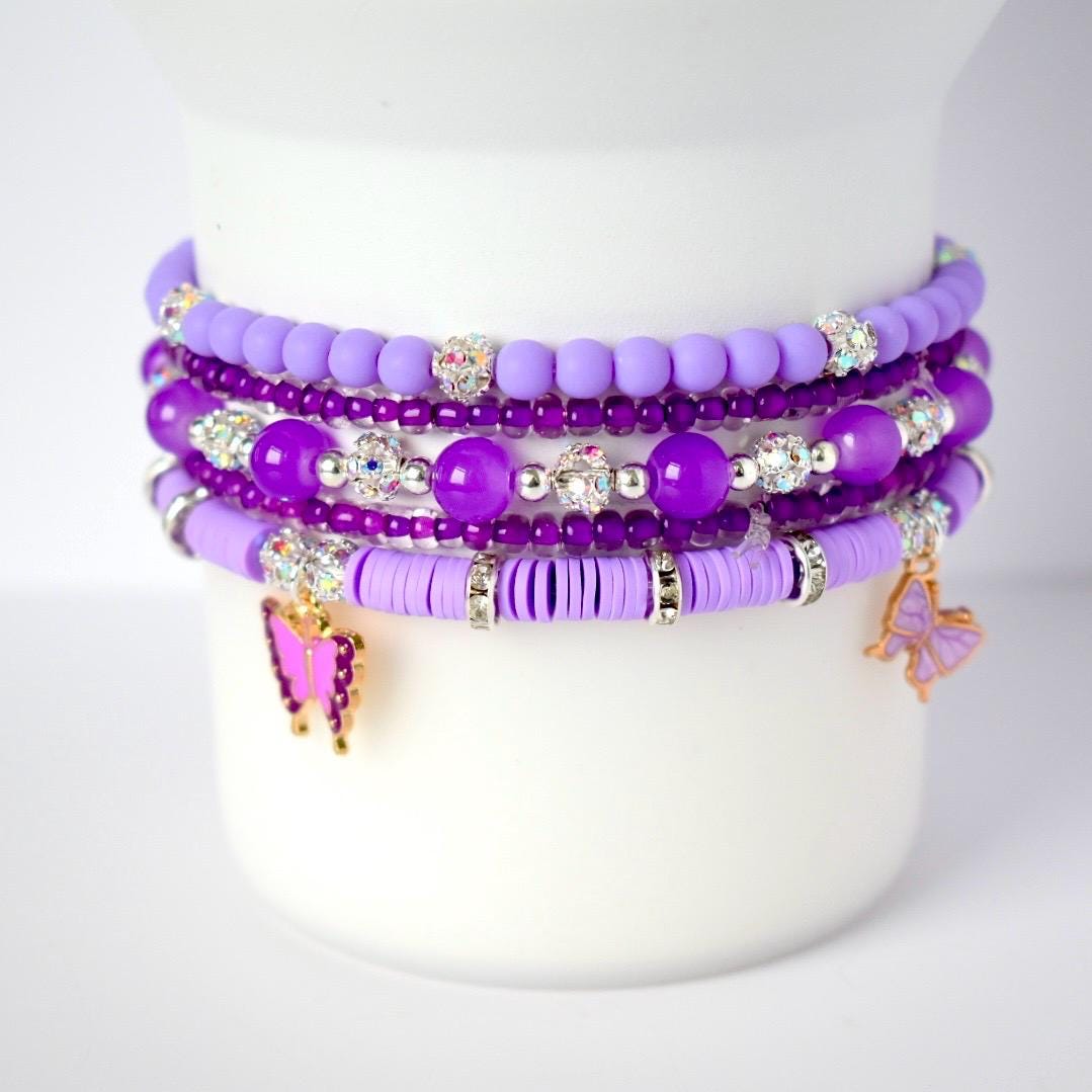 Purple Beaded Bracelet Stack with Butterfly Charm - 5 Piece Set