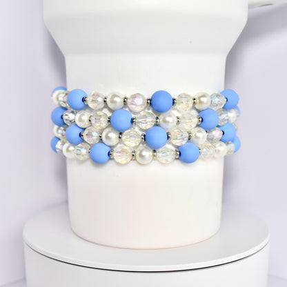 Stack of baby blue pearl and crystal beaded bracelets for wrist or tumbler Stanley