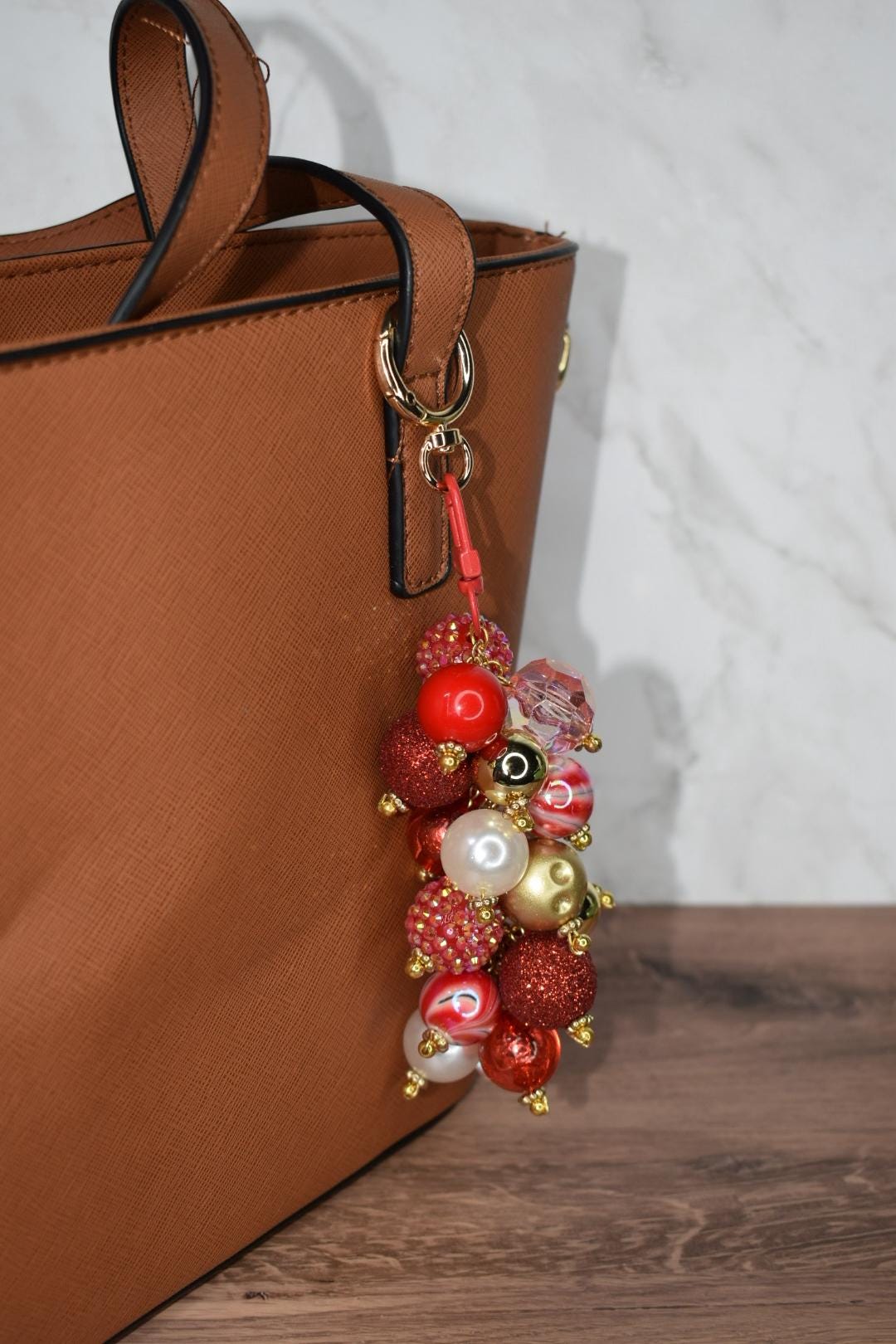 Red and Gold Glam Beaded Bag Charm - Bag Keychain