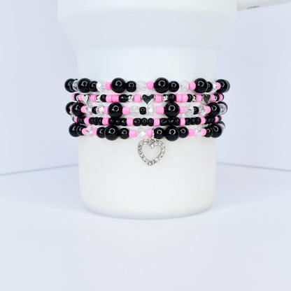 Black and Pink Heart Charm Bracelets - 5 Piece Set