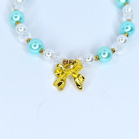 Gold Bow Pearl Beaded Bracelet: Aqua & White Crystal Charm