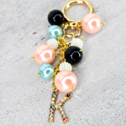 Pearl Beaded Bag Charm: Personalized Rhinestone Initial Keychain
