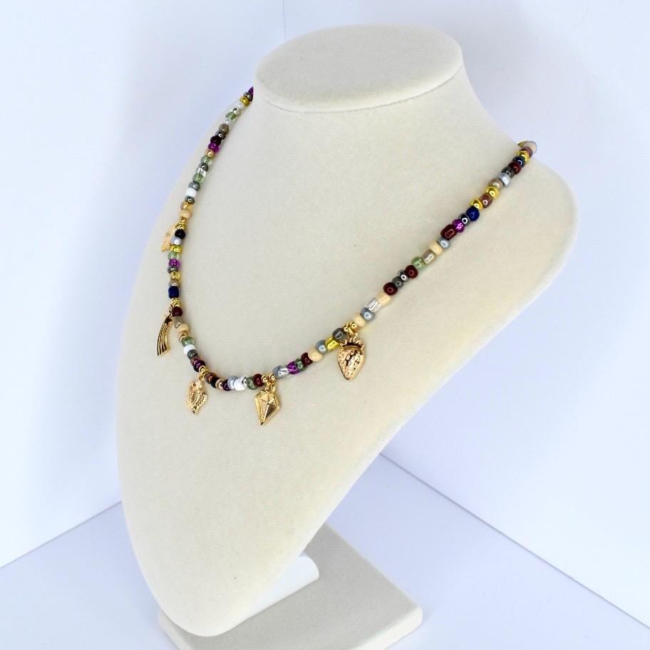 Charm Necklace: Boho Gold Crown, Heart & Leaf