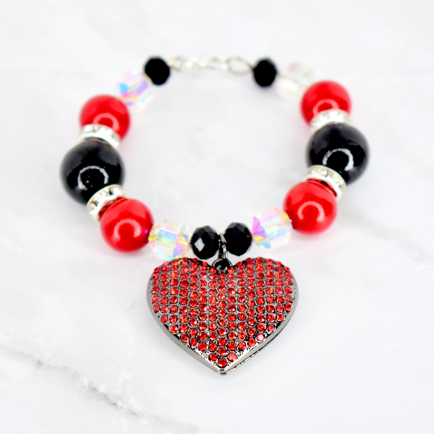 Red and Black Tumbler Handle Bracelet with Red Rhinestone Heart Charm