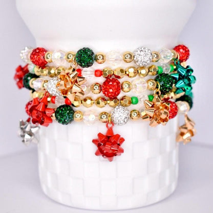 Christmas Bracelets: Red & Green Sparkle, Mini Bow Charm Bracelets