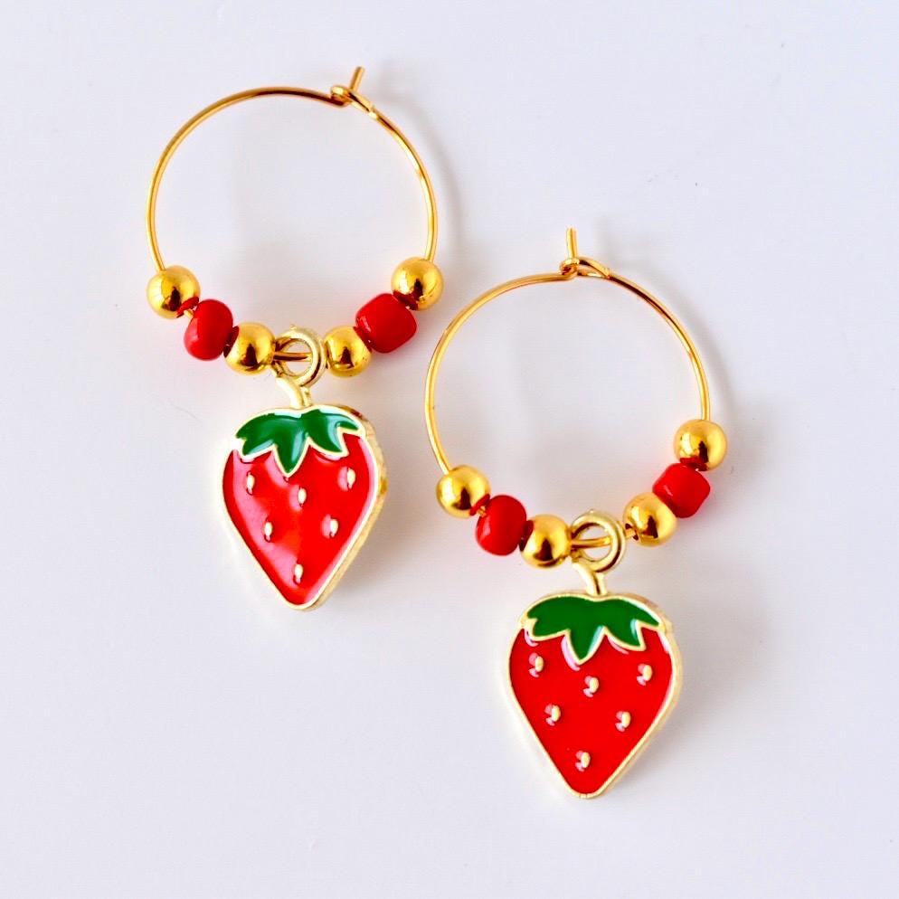 Strawberry Charm Hoop Earrings: Red Enamel Dangle, Gold Hoops