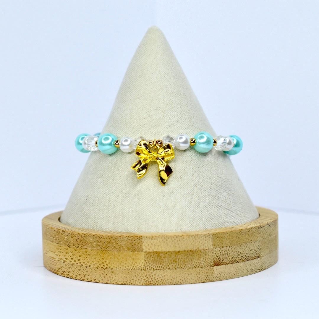 Gold Bow Pearl Beaded Bracelet: Aqua & White Crystal Charm
