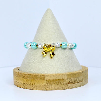 Gold Bow Pearl Beaded Bracelet: Aqua & White Crystal Charm
