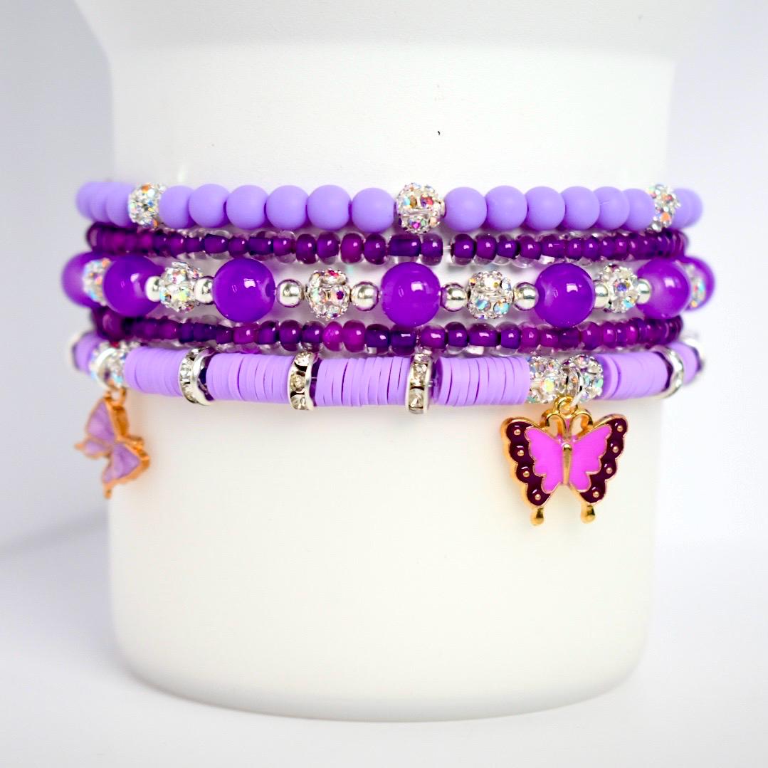 Purple Beaded Bracelet Stack with Butterfly Charm - 5 Piece Set
