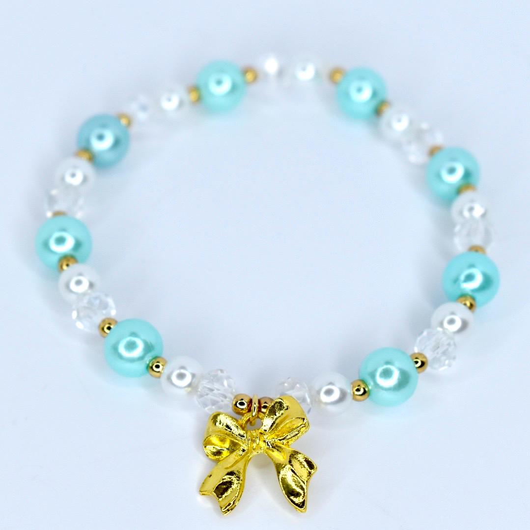 Gold Bow Pearl Beaded Bracelet: Aqua & White Crystal Charm