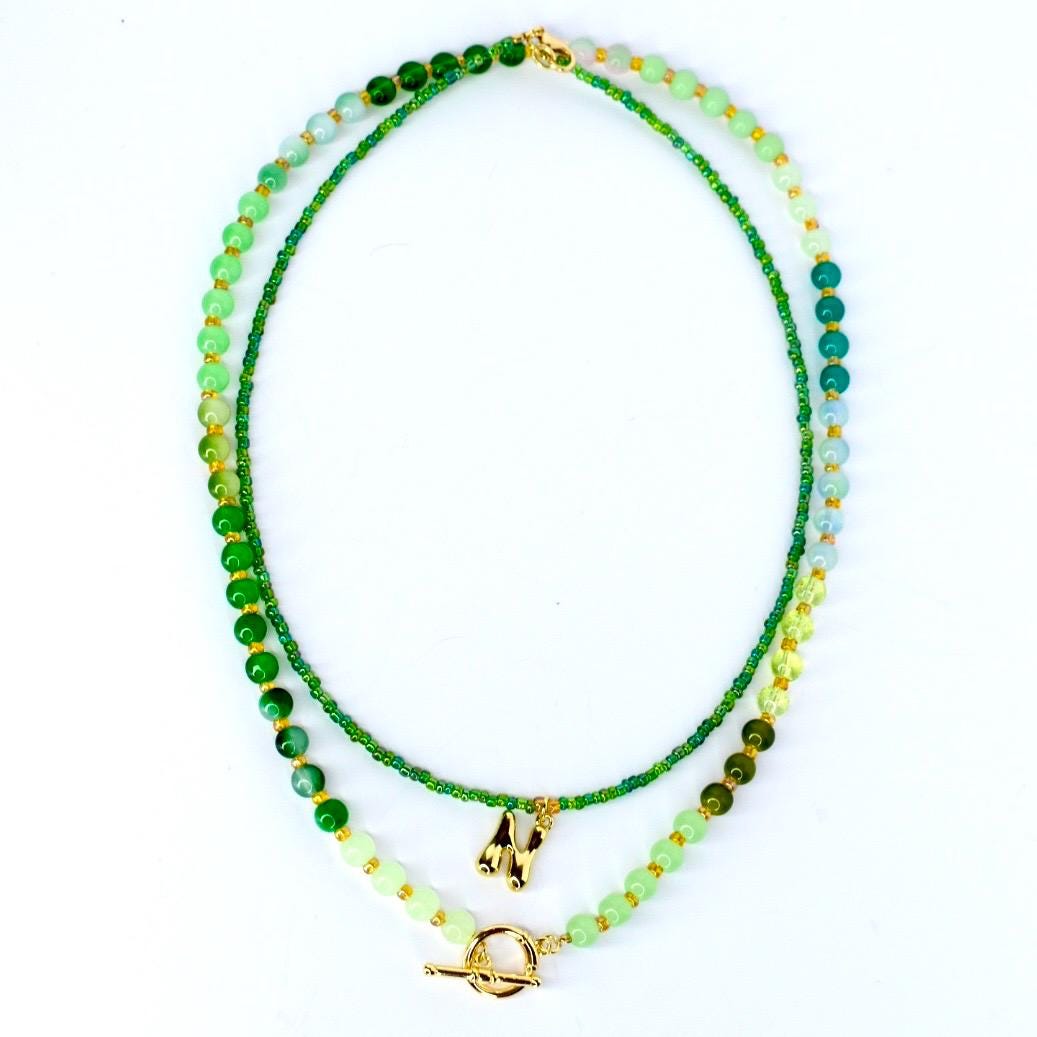 Green Gradient Initial Necklace Set - 2 Piece Set