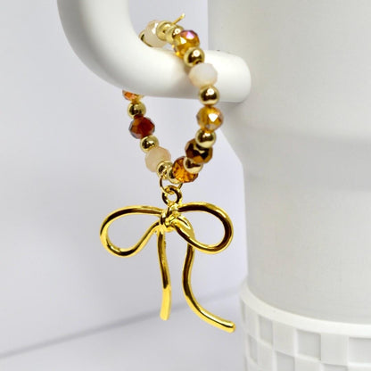 Chocolate Brown and Gold Tumbler Handle Bracelet with Amber Beads, Bow Charms