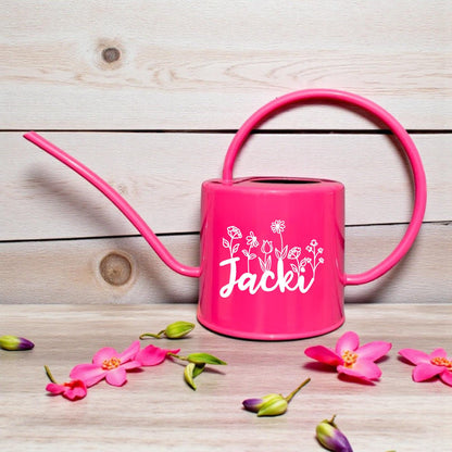 Personalized Pink Watering Can with Custom Name and Floral Design