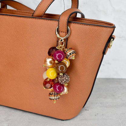 Fall Beaded Bag Charm: Gold, Brown and Burgundy Keychain Purse Accessory
