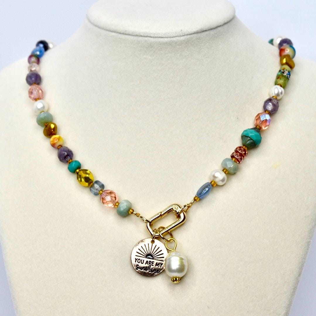 Colorful Beaded Necklace with You Are My Sunshine Charm & Pearl Charm