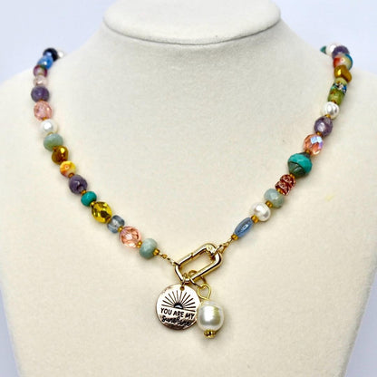 Colorful Beaded Necklace with You Are My Sunshine Charm & Pearl Charm