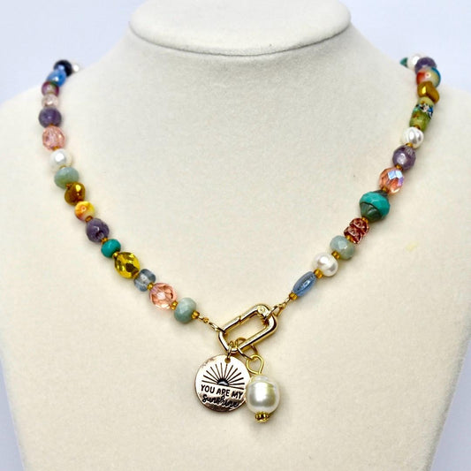 Colorful Beaded Necklace with You Are My Sunshine Charm & Pearl Charm