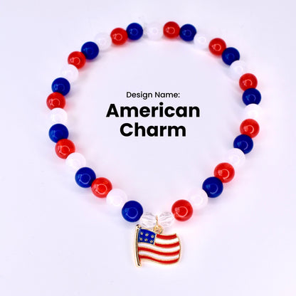 Red white & Blue round beads with American Flag charm bracelet for Stanley cups and Tumblers