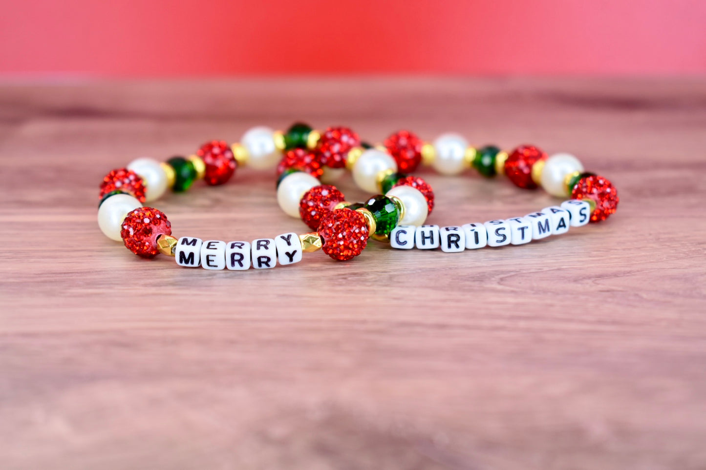 Merry Christmas Letter Bead Bracelet Stack - 2 Piece Set