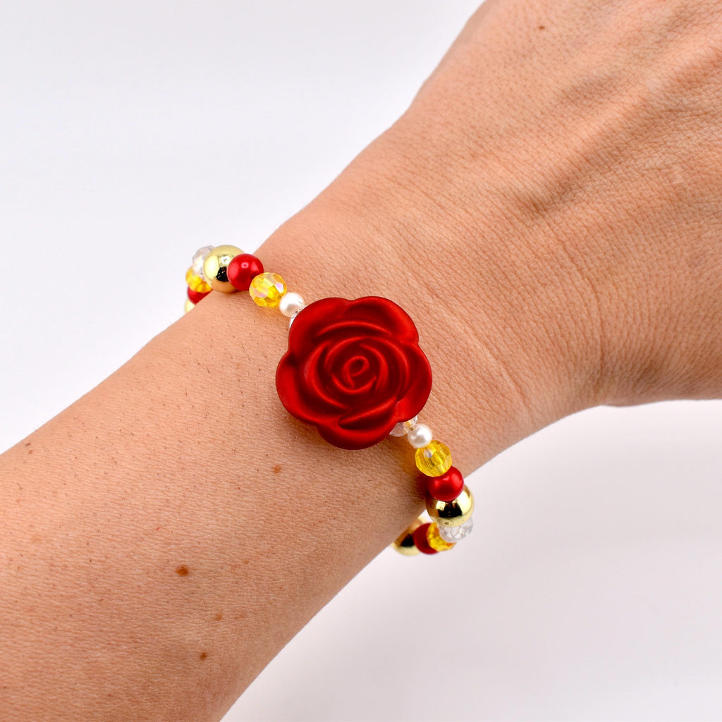 Disney Princess Jewelry Belle Inspired Bracelet Golden Yellow Crystals Ruby Red Pearl Accents Enchanted Rose Charm Design Beauty Beast Theme Accessories Perfect Princess Party Outfit Character Costume Jewelry Gift For Disney Fan Sparkling