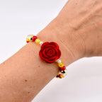 Disney Princess Jewelry Belle Inspired Bracelet Golden Yellow Crystals Ruby Red Pearl Accents Enchanted Rose Charm Design Beauty Beast Theme Accessories Perfect Princess Party Outfit Character Costume Jewelry Gift For Disney Fan Sparkling