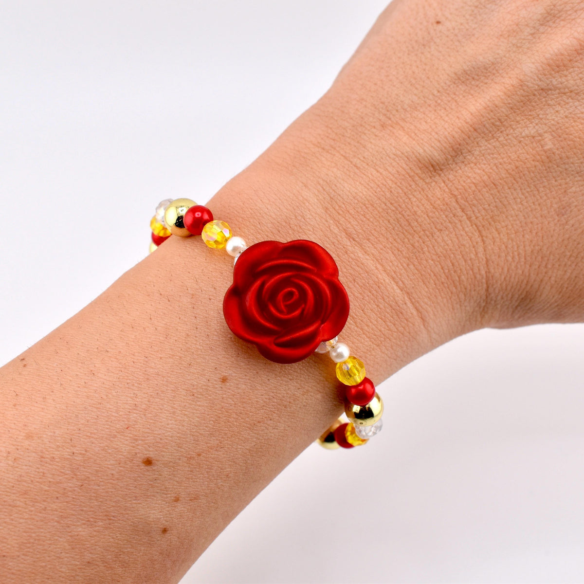 Disney Princess Jewelry Belle Inspired Bracelet Golden Yellow Crystals Ruby Red Pearl Accents Enchanted Rose Charm Design Beauty Beast Theme Accessories Perfect Princess Party Outfit Character Costume Jewelry Gift For Disney Fan Sparkling