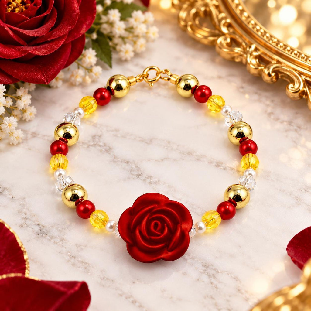 Belle Bracelet Disney Princess Jewelry Golden Yellow Crystal Design Red Rose Charm Centerpiece Beauty Beast Inspired Accessories Ruby Pearl Accents Sparkling Details Perfect Gift For Disney Fan Princess Party Jewelry Character Costume
