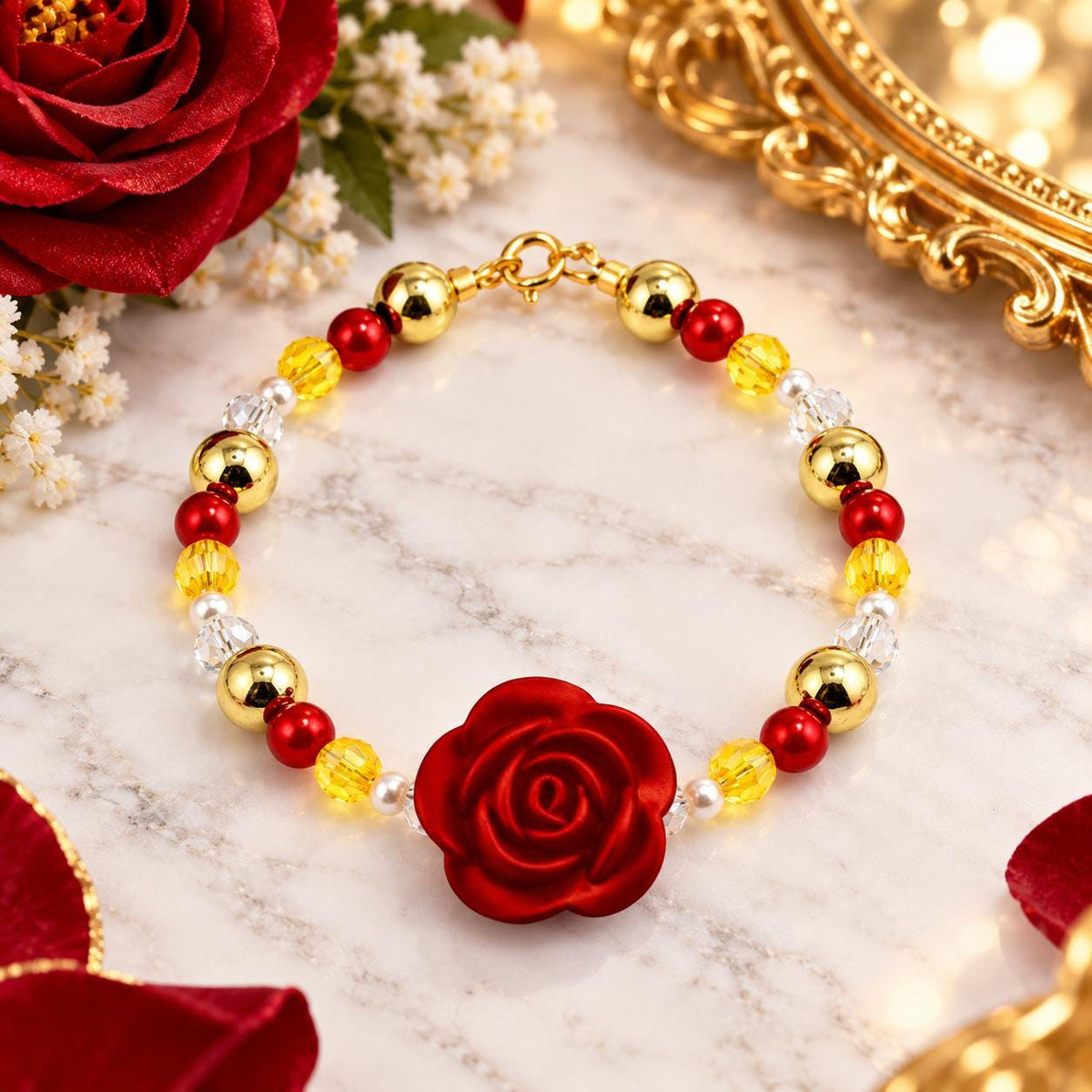 Belle Bracelet Disney Princess Jewelry Golden Yellow Crystal Design Red Rose Charm Centerpiece Beauty Beast Inspired Accessories Ruby Pearl Accents Sparkling Details Perfect Gift For Disney Fan Princess Party Jewelry Character Costume