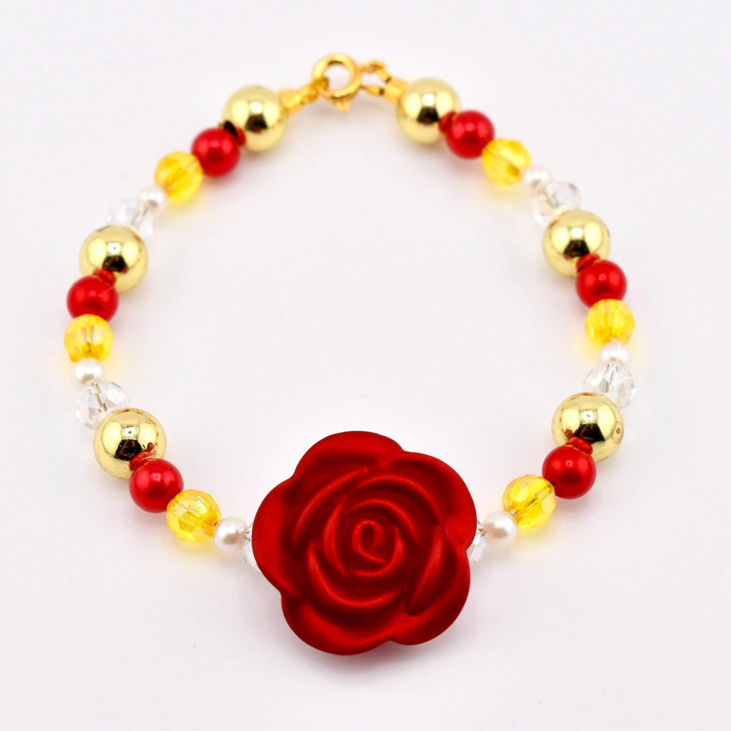 Beauty Beast Jewelry Belle Character Bracelet Red Rose Charm Centerpiece Golden Yellow Crystal Accents Ruby Pearl Design Disney Princess Accessories Enchanted Rose Theme Perfect Collector Gift Princess Costume Jewelry Sparkling Details
