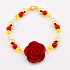 Beauty Beast Jewelry Belle Character Bracelet Red Rose Charm Centerpiece Golden Yellow Crystal Accents Ruby Pearl Design Disney Princess Accessories Enchanted Rose Theme Perfect Collector Gift Princess Costume Jewelry Sparkling Details