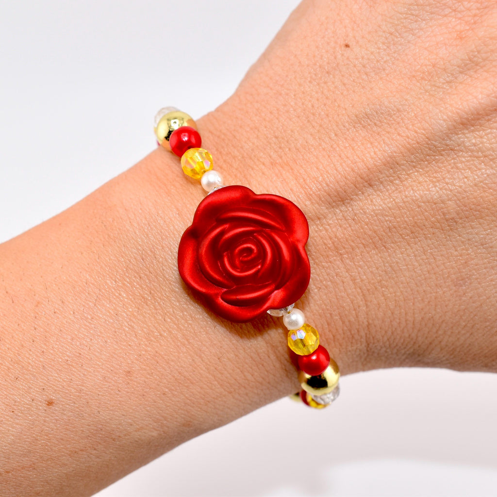 Red Rose Charm Bracelet Belle Inspired Design Golden Yellow Crystal Jewelry Beauty Beast Theme Accessories Ruby Pearl Accents Disney Princess Collection Enchanted Rose Centerpiece Perfect Gift For Disney Fan Character Costume Jewelry Adult