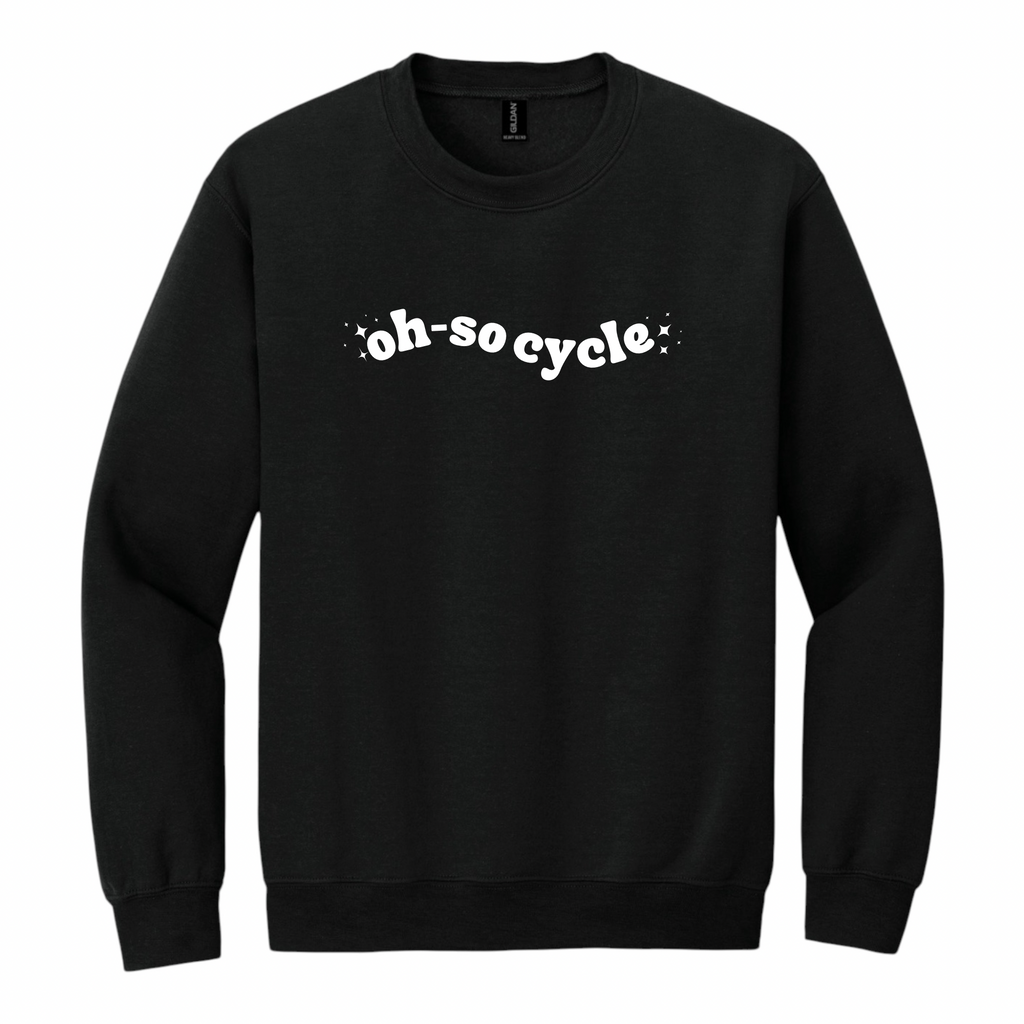 Black sweatshirt with 'oh-socycle' text on a white background
